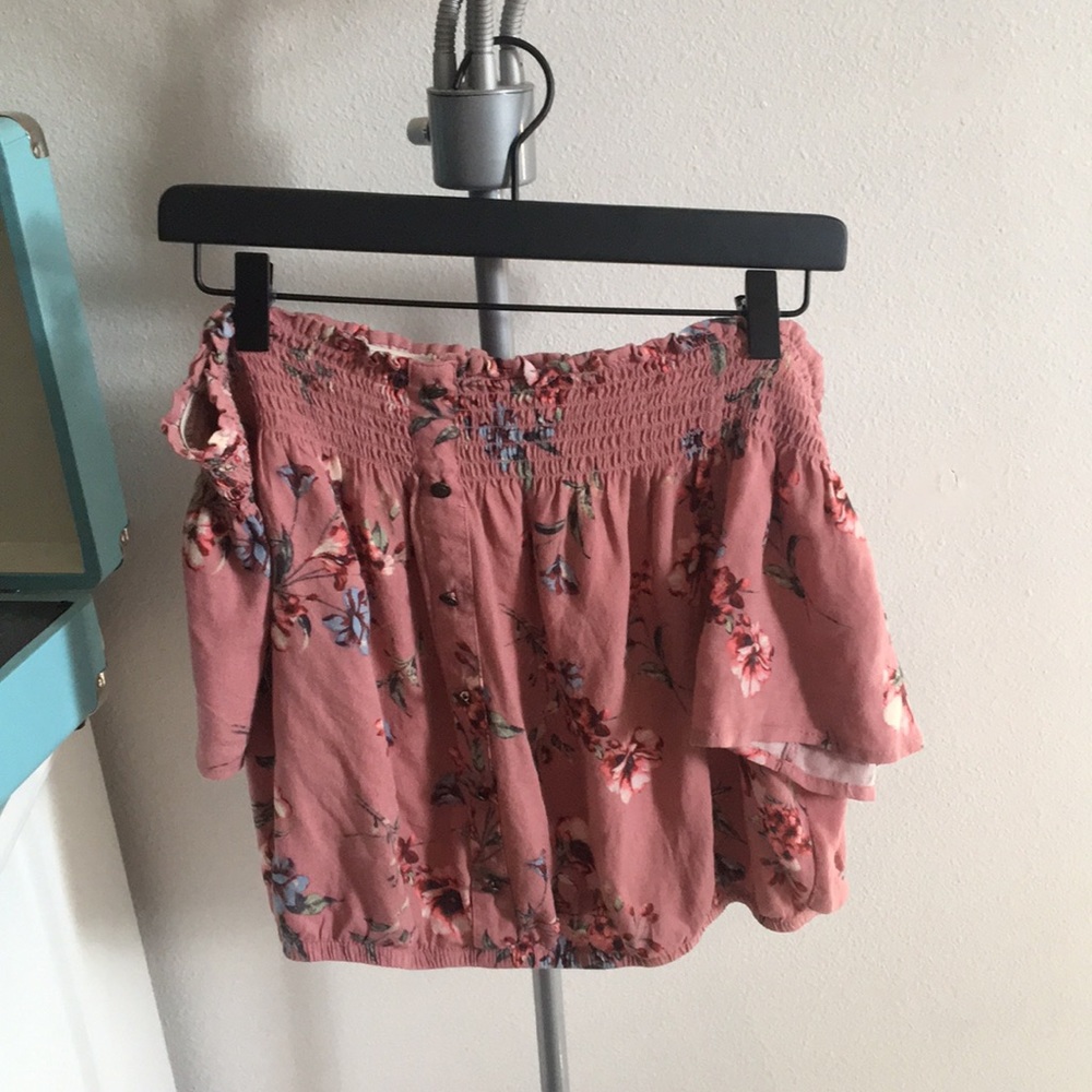 pink, flower off the shoulder shirt
